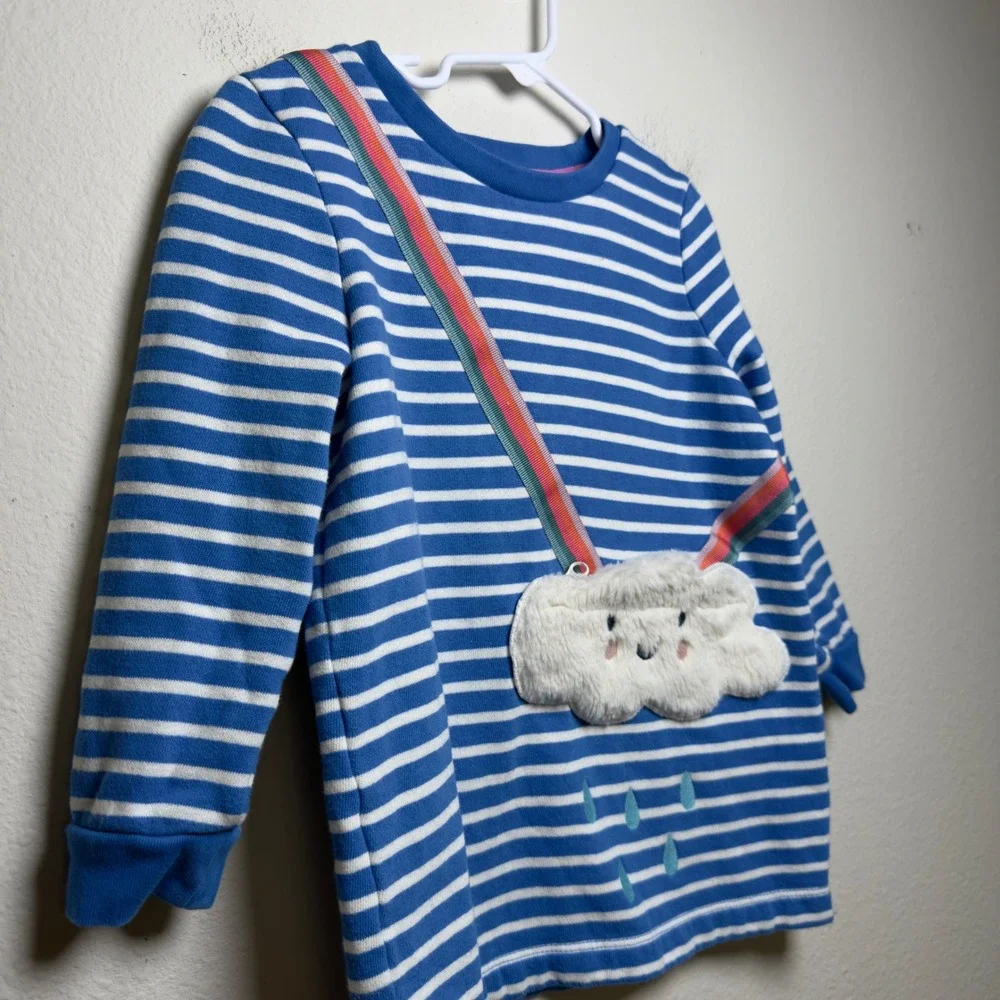 Mini Boden Girls Cotton Tunic 5-6Y Blue Striped Rainbow Cloud Applique Pocket